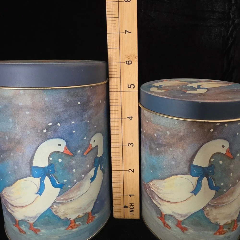 VTG Nesting Goose Tin Canister Set 3 Blue Bow Aunt Rhody Style Country Cottage